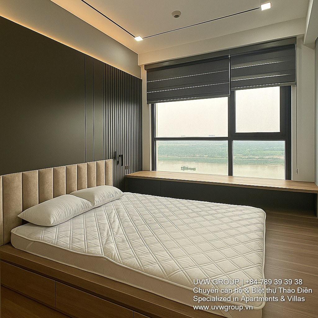 Modern living room at Q2 Fraser, river view, luxury furniture, high floor Thao Dien apartment for rent