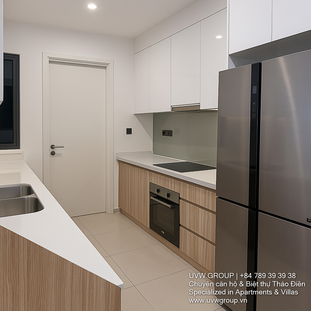 Modern living room at Q2 Fraser, river view, luxury furniture, high floor Thao Dien apartment for rent