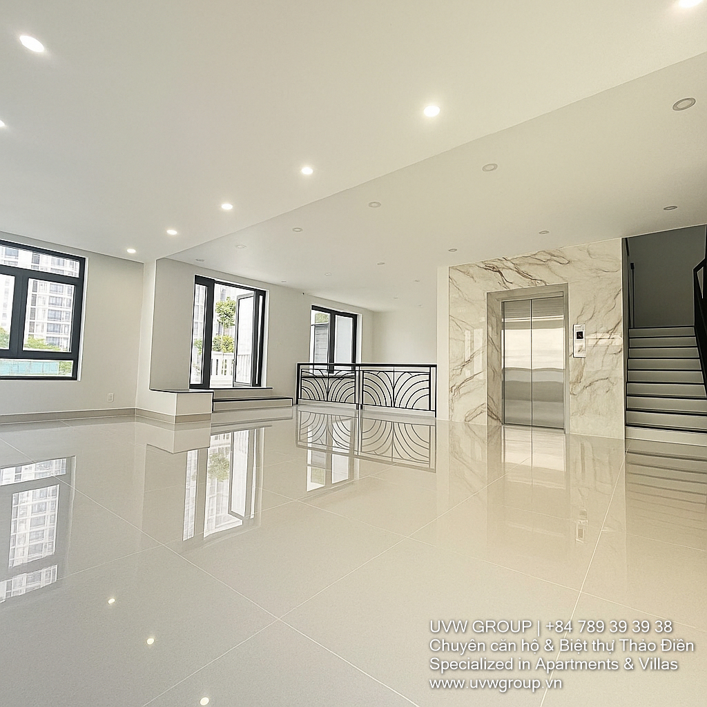 Front view of a modern office house for rent in Song Hanh, An Phu Ward, District 2, featuring 4 floors, large yard, basement, and elevator – ideal for office or business use.