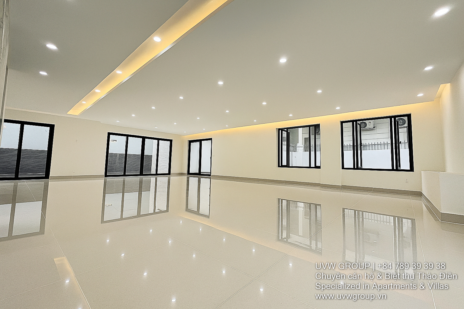 Front view of a modern office house for rent in Song Hanh, An Phu Ward, District 2, featuring 4 floors, large yard, basement, and elevator – ideal for office or business use.