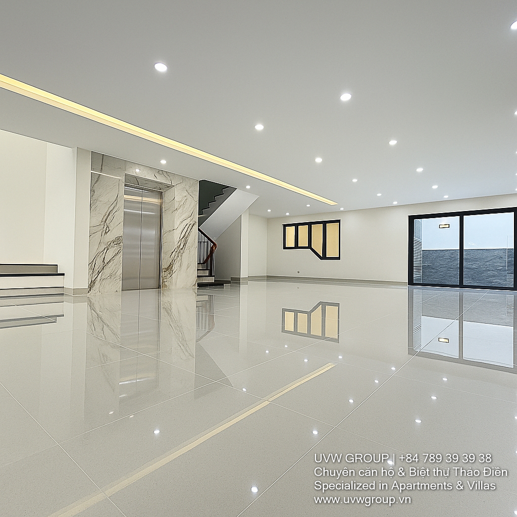 Front view of a modern office house for rent in Song Hanh, An Phu Ward, District 2, featuring 4 floors, large yard, basement, and elevator – ideal for office or business use.