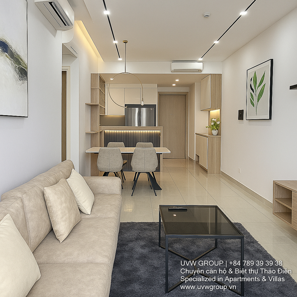 Modern living room at Q2 Fraser, river view, luxury furniture, high floor Thao Dien apartment for rent