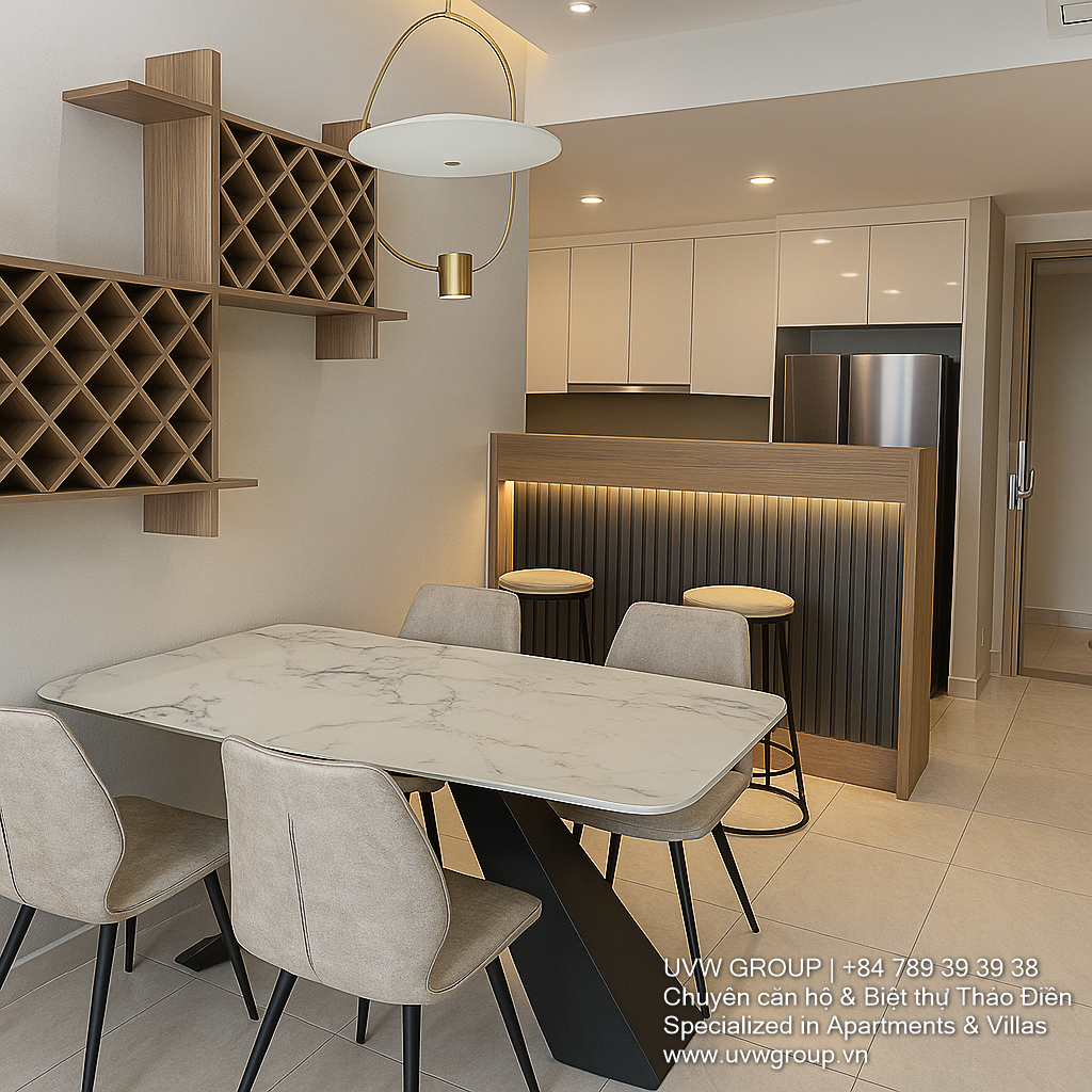 Modern living room at Q2 Fraser, river view, luxury furniture, high floor Thao Dien apartment for rent