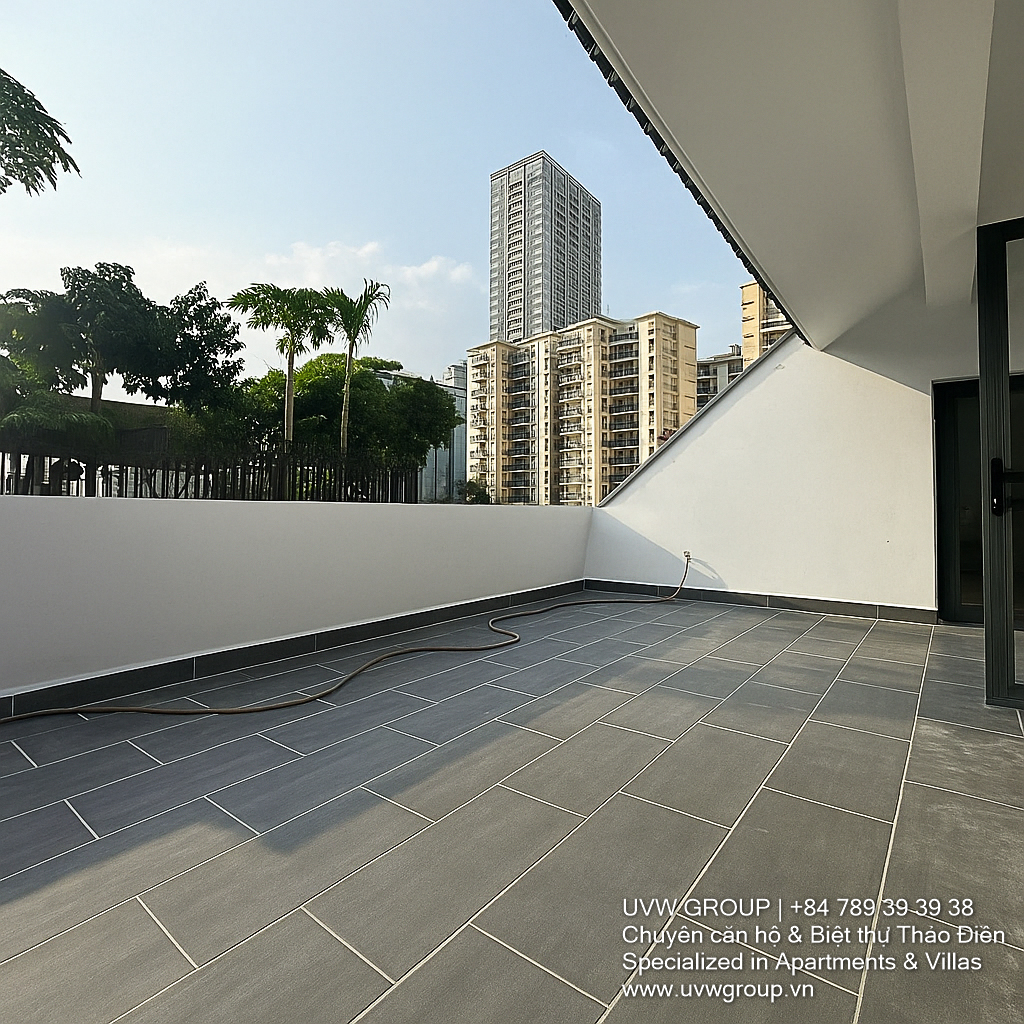 Front view of a modern office house for rent in Song Hanh, An Phu Ward, District 2, featuring 4 floors, large yard, basement, and elevator – ideal for office or business use.