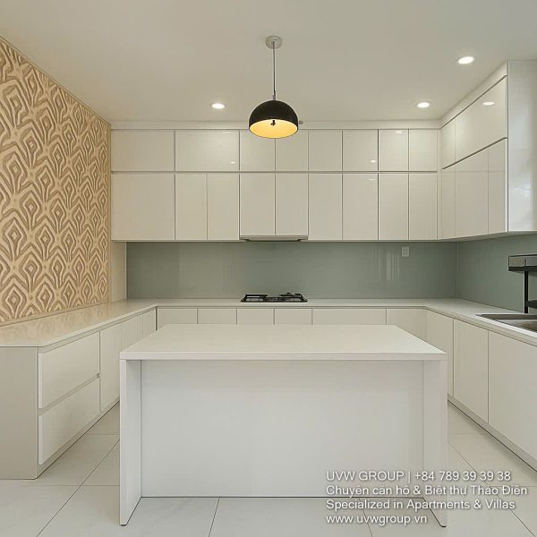 Exterior of a modern 3-storey, 6-bedroom villa for rent in An Phu, District 2 (HCMC), featuring a large garage entrance.