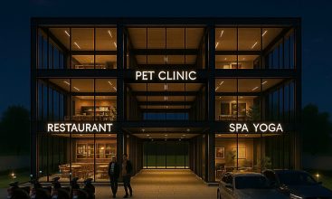 Facade of a 3-story building with full glass frontage for rent on Hanoi Highway, Thao Dien area, Thu Duc City.