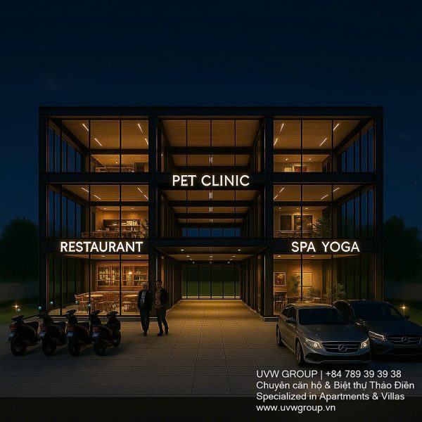 Facade of a 3-story building with full glass frontage for rent on Hanoi Highway, Thao Dien area, Thu Duc City.
