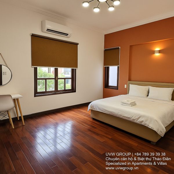 Exterior view of a spacious luxury 7-bedroom villa in Thao Dien, Ho Chi Minh City, featuring a large semi-indoor swimming pool, an elegant living room, a vibrant karaoke lounge with colorful lights, a comfortable king-size bedroom, and modern bathrooms (5 indoor, 3 outdoor).