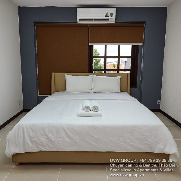 Exterior view of a spacious luxury 7-bedroom villa in Thao Dien, Ho Chi Minh City, featuring a large semi-indoor swimming pool, an elegant living room, a vibrant karaoke lounge with colorful lights, a comfortable king-size bedroom, and modern bathrooms (5 indoor, 3 outdoor).