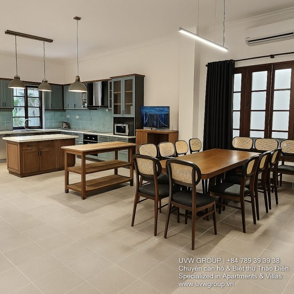 Exterior view of a spacious luxury 7-bedroom villa in Thao Dien, Ho Chi Minh City, featuring a large semi-indoor swimming pool, an elegant living room, a vibrant karaoke lounge with colorful lights, a comfortable king-size bedroom, and modern bathrooms (5 indoor, 3 outdoor).
