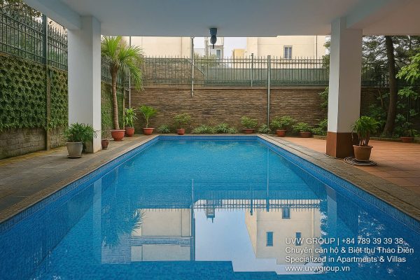 Front view of a luxurious 7-bedroom villa with swimming pool for rent in Thao Dien, Ho Chi Minh City