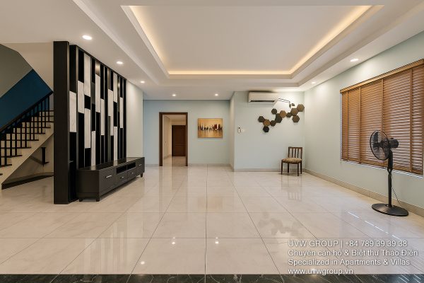Image of a stunning luxury 4-bedroom villa for short-term rent in Ho Chi Minh City, showcasing its private indoor swimming pool and stylish, fully furnished resort-style interiors.