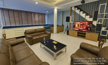 Image of a stunning luxury 4-bedroom villa for short-term rent in Ho Chi Minh City, showcasing its private indoor swimming pool and stylish, fully furnished resort-style interiors.