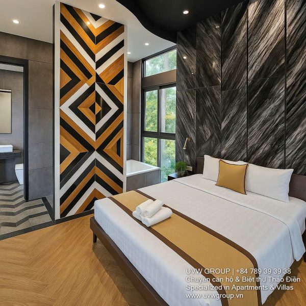 Exterior and interior views of a modern luxury 5-bedroom villa for rent in Thao Dien, Ho Chi Minh City, featuring a unique indoor swimming pool with wooden deck, a stylish living room, a dedicated karaoke room, a king-size bedroom, and 6 contemporary bathrooms (4 indoor, 2 outdoor).
