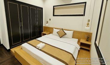 Exterior and interior views of a modern luxury 5-bedroom villa for rent in Thao Dien, Ho Chi Minh City, featuring a unique indoor swimming pool with wooden deck, a stylish living room, a dedicated karaoke room, a king-size bedroom, and 6 contemporary bathrooms (4 indoor, 2 outdoor).