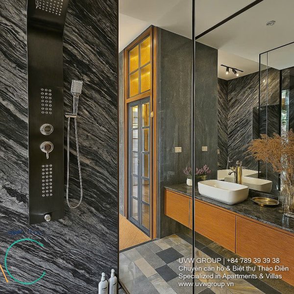 Exterior and interior views of a modern luxury 5-bedroom villa for rent in Thao Dien, Ho Chi Minh City, featuring a unique indoor swimming pool with wooden deck, a stylish living room, a dedicated karaoke room, a king-size bedroom, and 6 contemporary bathrooms (4 indoor, 2 outdoor).