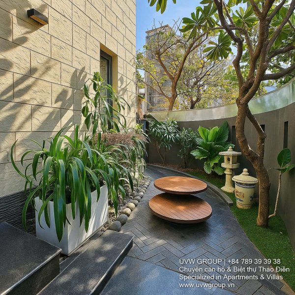 Exterior and interior views of a modern luxury 5-bedroom villa for rent in Thao Dien, Ho Chi Minh City, featuring a unique indoor swimming pool with wooden deck, a stylish living room, a dedicated karaoke room, a king-size bedroom, and 6 contemporary bathrooms (4 indoor, 2 outdoor).