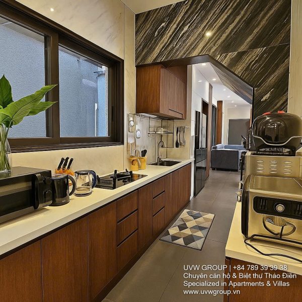 Exterior and interior views of a modern luxury 5-bedroom villa for rent in Thao Dien, Ho Chi Minh City, featuring a unique indoor swimming pool with wooden deck, a stylish living room, a dedicated karaoke room, a king-size bedroom, and 6 contemporary bathrooms (4 indoor, 2 outdoor).