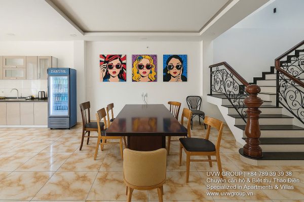 Front view of a 5-bedroom luxury villa with private indoor swimming pool, king-size beds, karaoke room, and modern interiors for short-term rent in Thao Dien, District 2, Ho Chi Minh City.