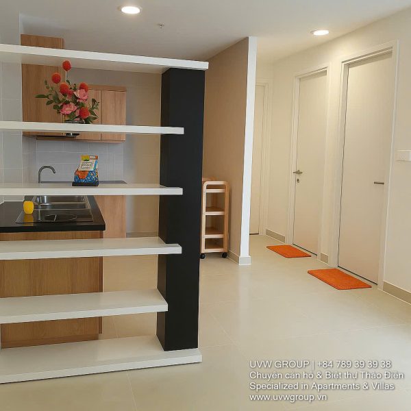 Fully furnished living room with Saigon River view in Masteri Thao Dien 2BR corner apartment for rent, District 2 HCMC.