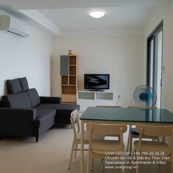Fully furnished living room with Saigon River view in Masteri Thao Dien 2BR corner apartment for rent, District 2 HCMC.