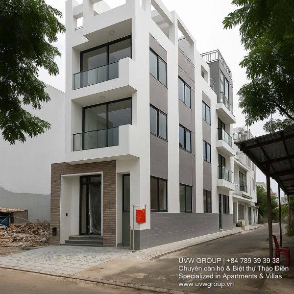 Modern 3-storey office building for rent in Thao Dien with 2 frontages, glass windows, and rooftop terrace