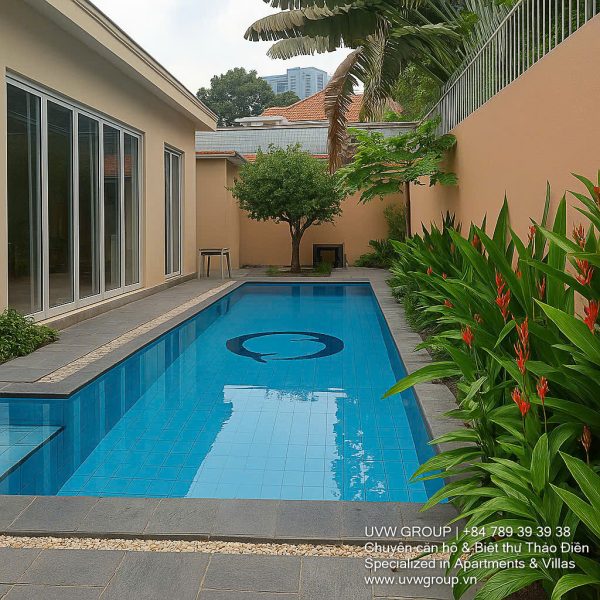 Exterior of premium furnished villa with private swimming pool in Thao Dien, District 2, available for flexible residential or commercial lease.