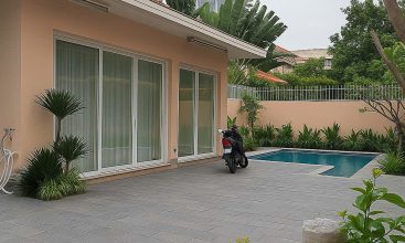 Exterior of premium furnished villa with private swimming pool in Thao Dien, District 2, available for flexible residential or commercial lease.