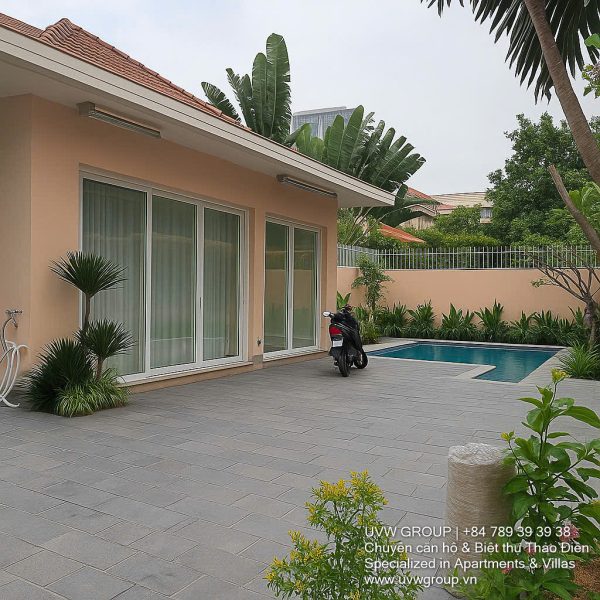 Exterior of premium furnished villa with private swimming pool in Thao Dien, District 2, available for flexible residential or commercial lease.