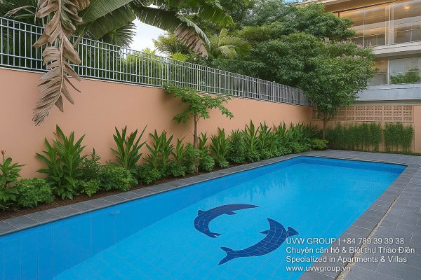 Exterior of premium furnished villa with private swimming pool in Thao Dien, District 2, available for flexible residential or commercial lease.