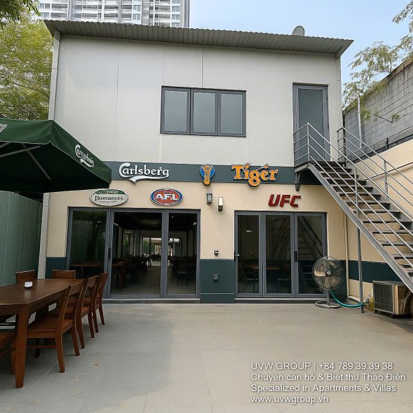 Main road frontage view of commercial space (shophouse style, G+1) for rent in Thao Dien, District 2.