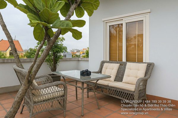 Exterior view of a spacious 3-storey house available for rent in Thao Dien, Ho Chi Minh City, featuring front garden space and traditional tiled roof.