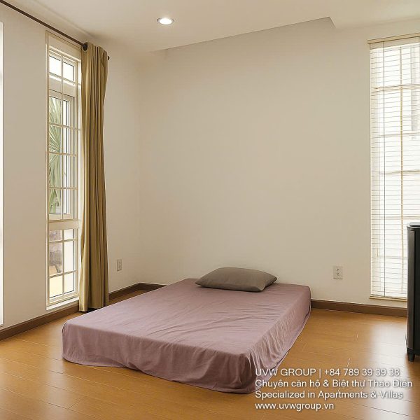 Exterior view of a spacious 3-storey house available for rent in Thao Dien, Ho Chi Minh City, featuring front garden space and traditional tiled roof.