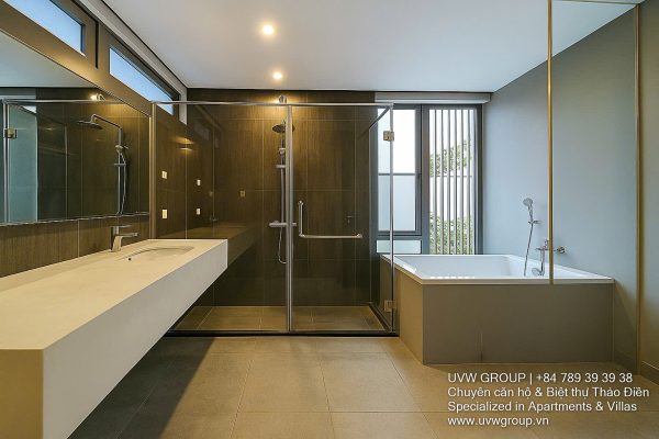 Exterior corner view of the 4-bedroom villa (basement, G+2 floors) available for rent in An Phu, D2.